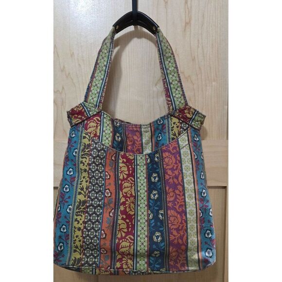 Bohemian Multicolor Striped Fossil purse Tote Bag Faux Leather Accents boho - Picture 9 of 10